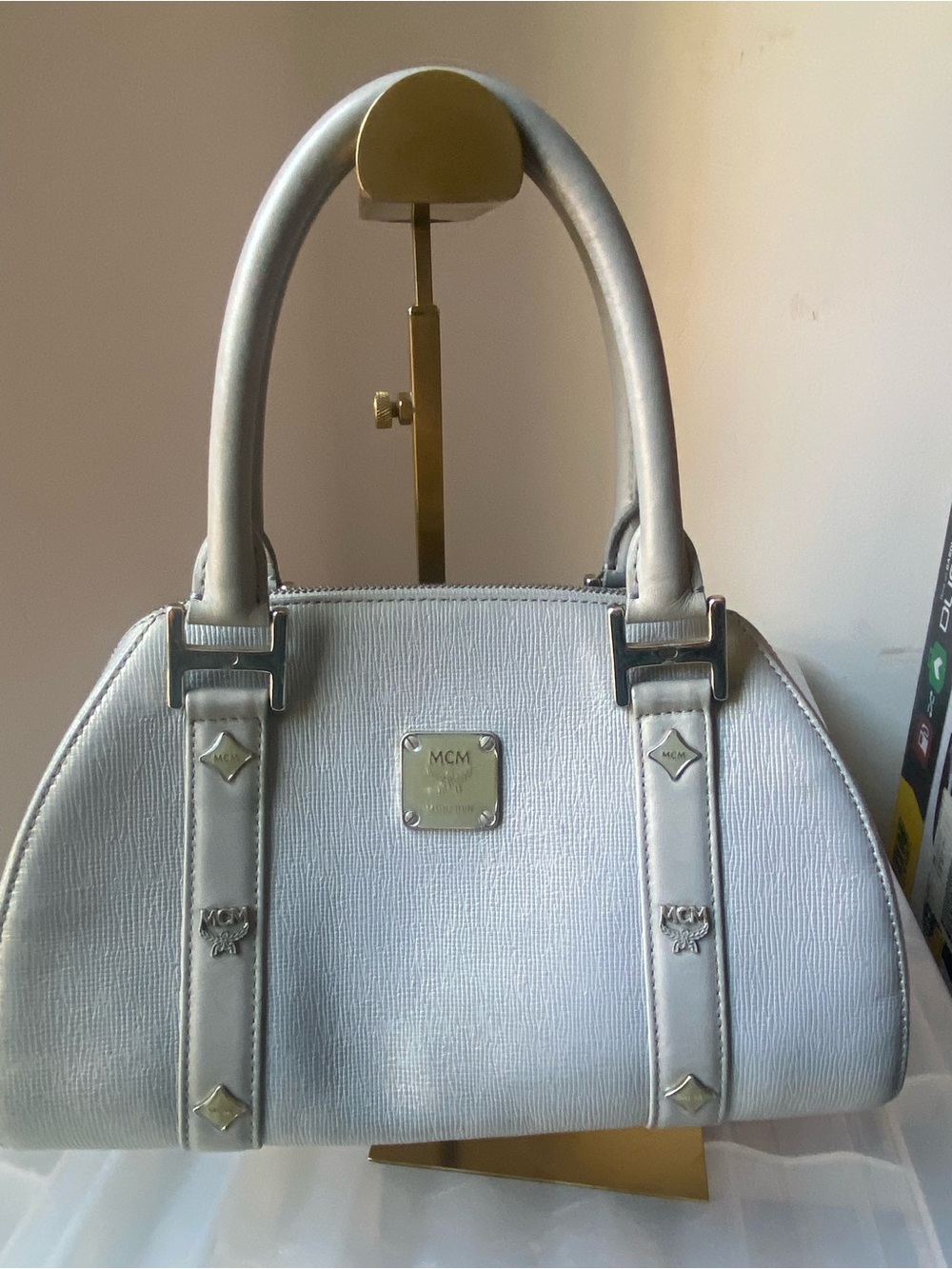 MCM White Leather Dome Satchel with Silver Accents